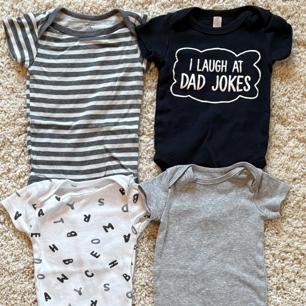 Gender Neutral Onesie Bodysuits Gray Black White “ I Laugh at Dad Jokesl” ABCs